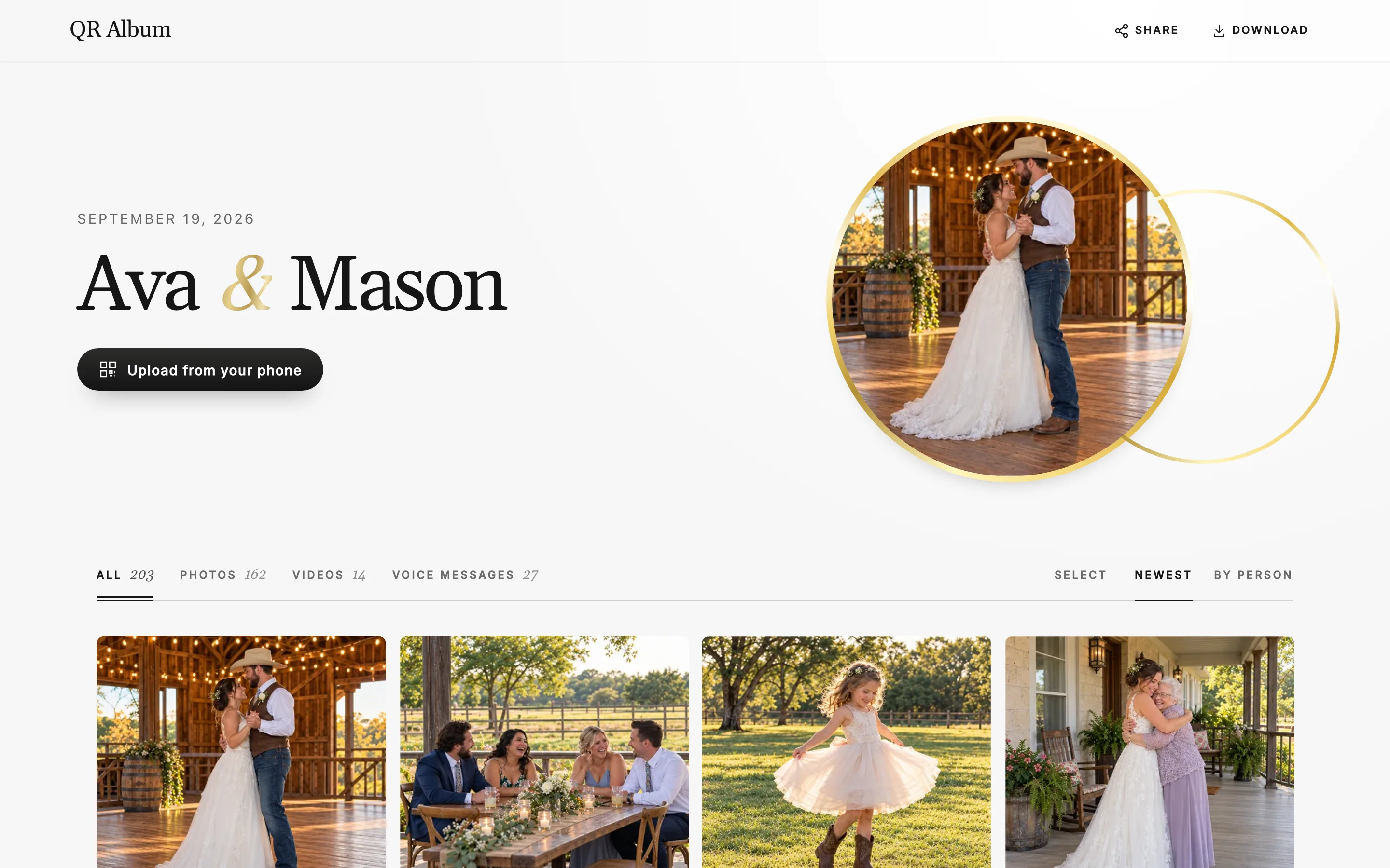 Guest album in the Union design on a laptop, with tabs for photos, videos and voice messages
