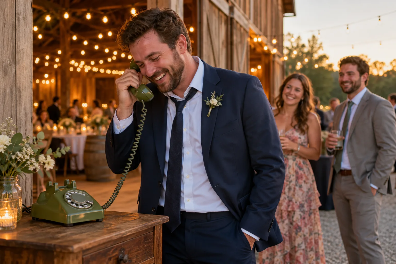 A groomsman in a navy suit laughs as he lifts the handset of an olive-green rotary phone at a barn wedding reception