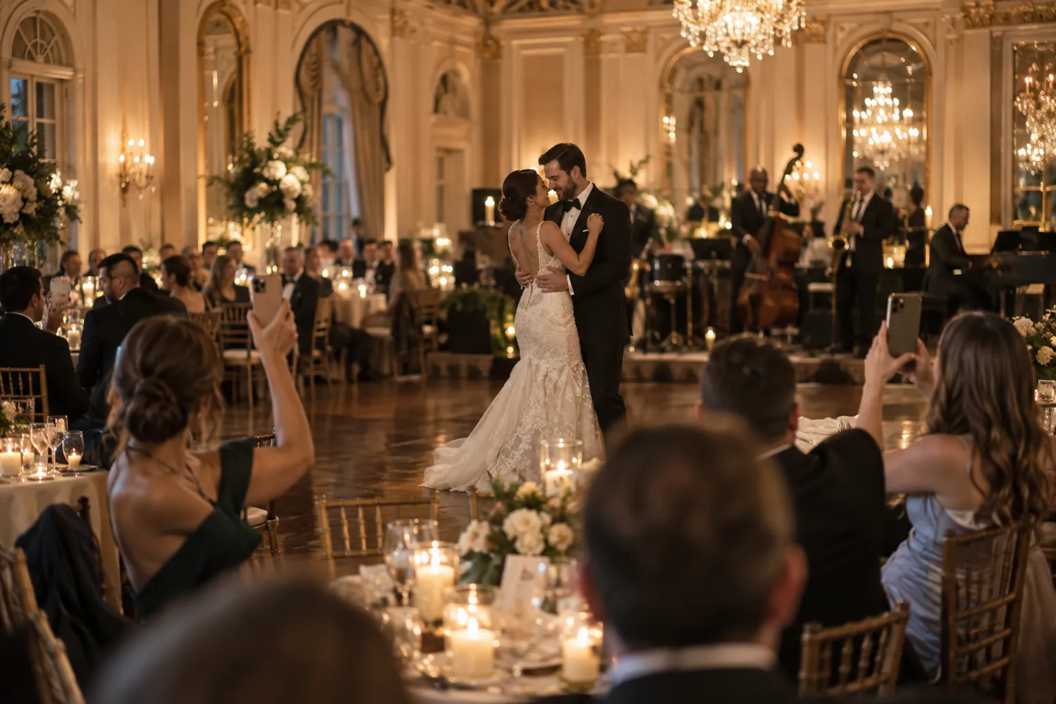 Guests in a New Orleans ballroom hold up their phones to film the couple's first dance