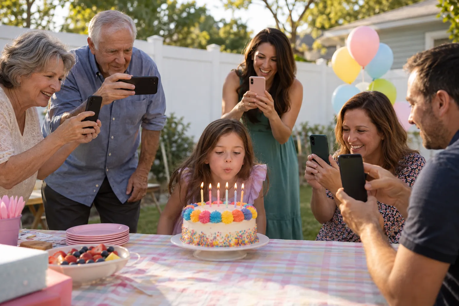 A girl blows out the candles on her birthday cake while her grandparents, aunt and parents take photos with their phones