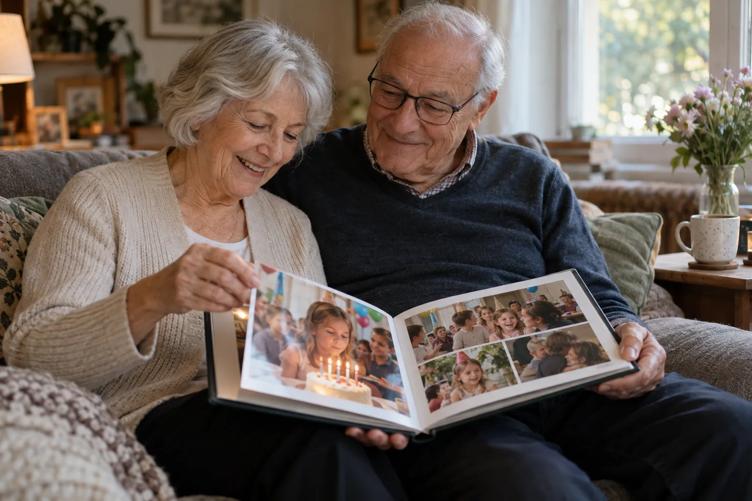 Grandparents on a sofa leafing through a printed photo book of a child's birthday party