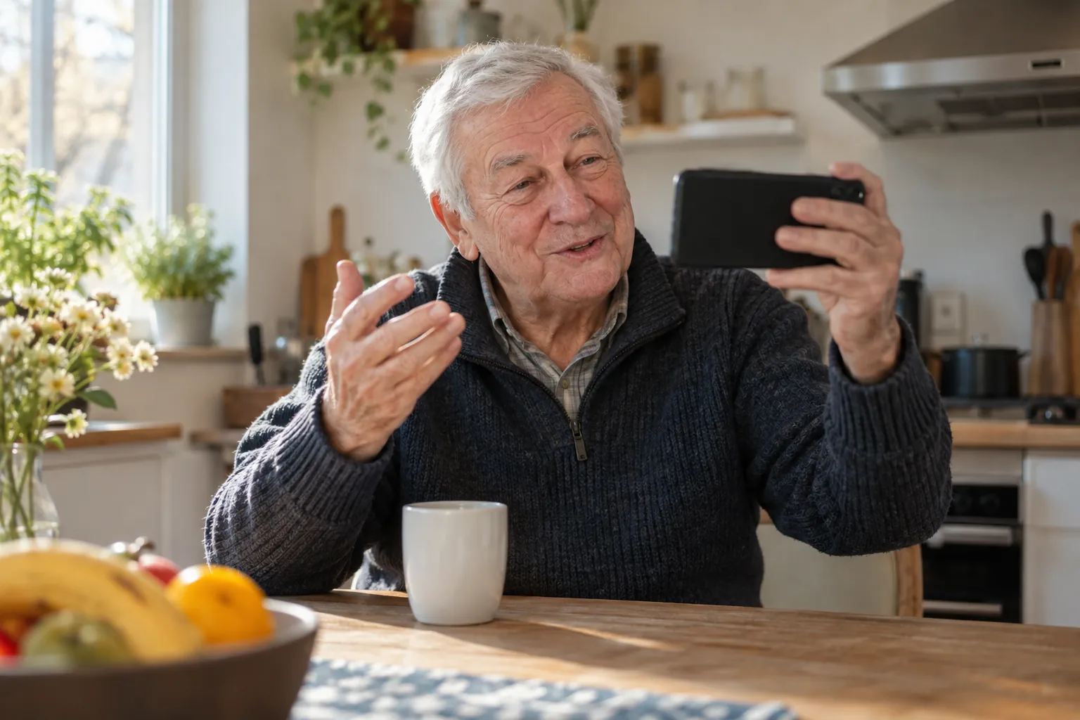 An older man at his kitchen table records a birthday video message on his phone