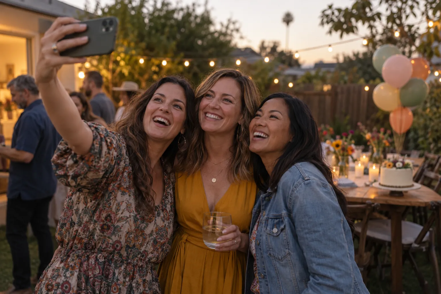 Two friends record a birthday video greeting on a phone next to the guest of honor at a backyard party