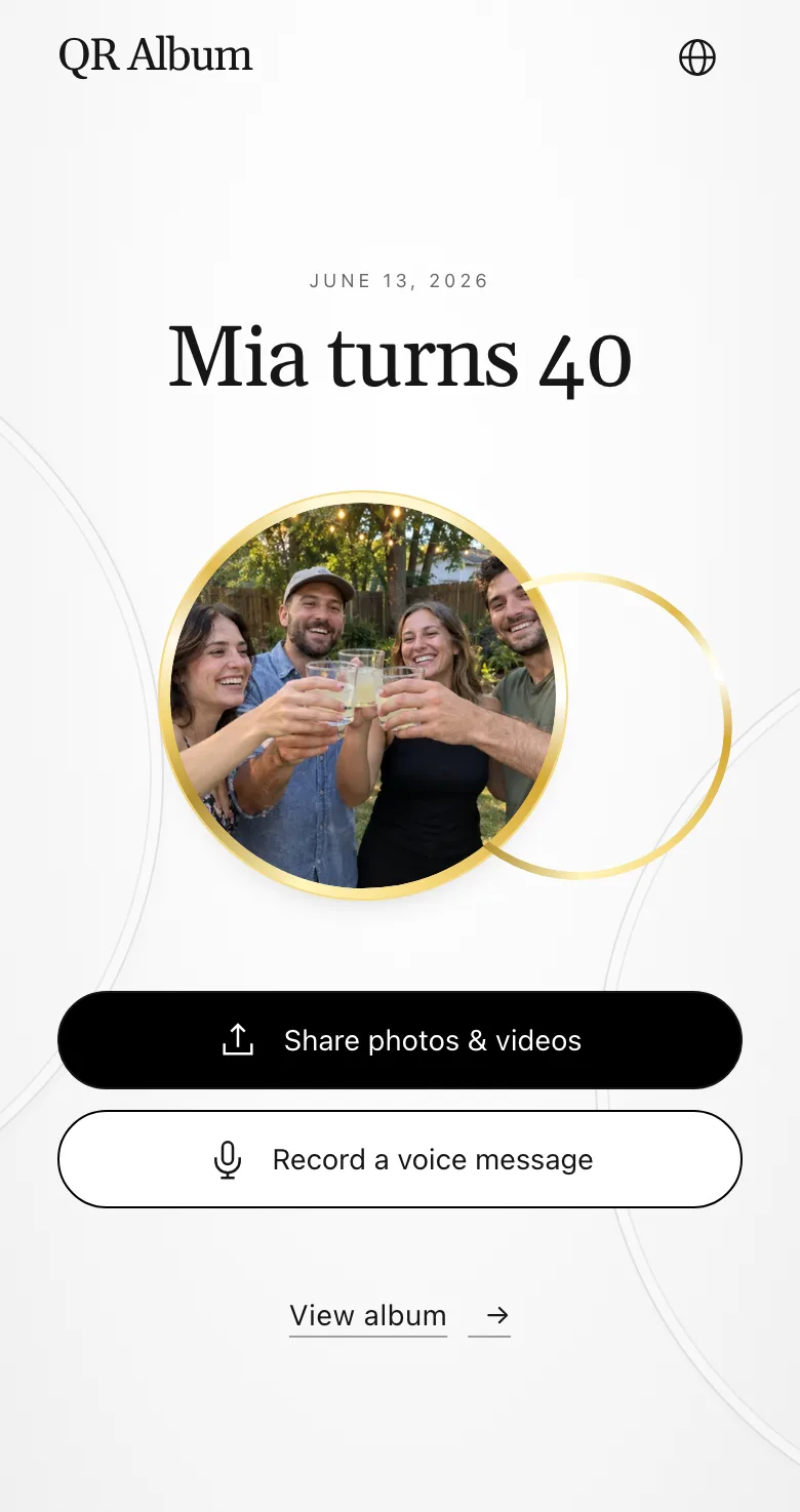 Party guest page in the Union design on a phone with the “Share photos & videos” button