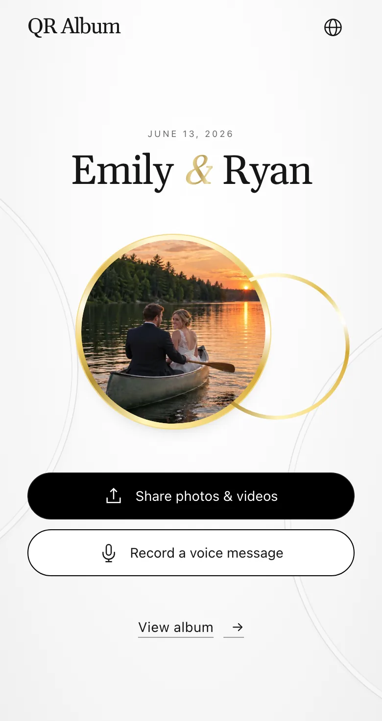 QR Album upload page on a phone in the Union design, with photo, video and voice buttons