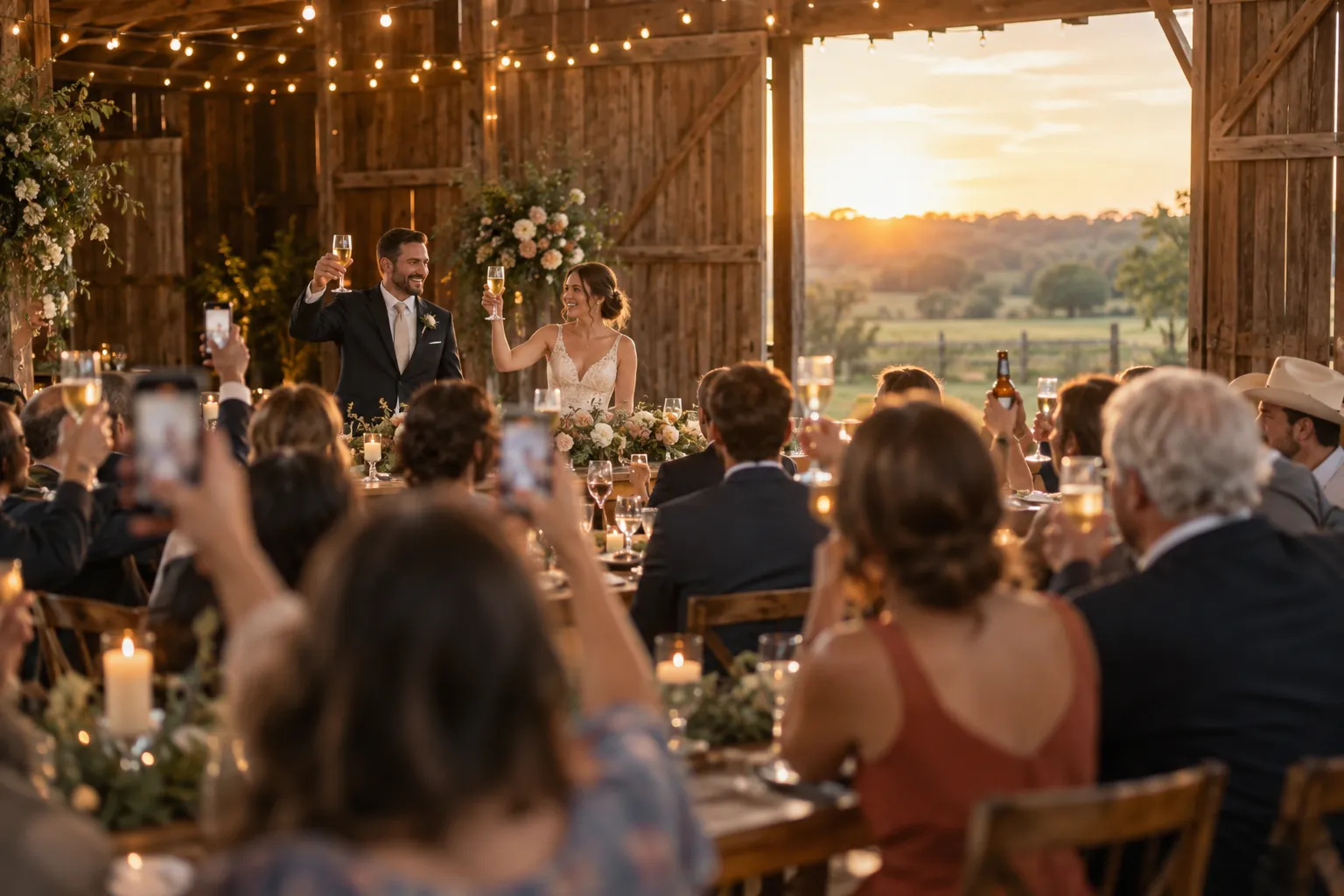 Guests at long wooden tables in a Texas barn raise their phones to photograph the couple's first toast