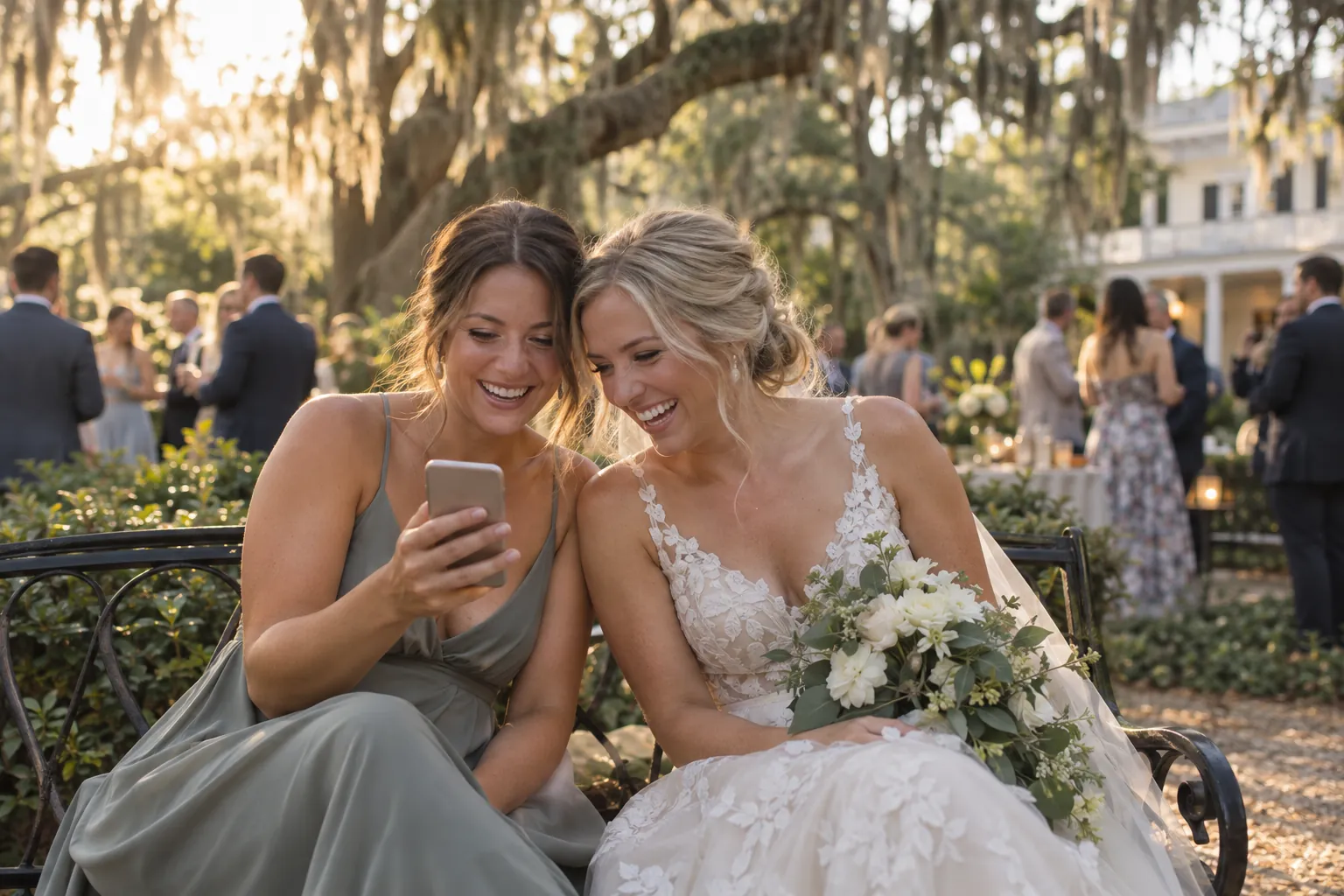 A bridesmaid and the bride laugh over a phone on a bench under oak trees at a garden wedding