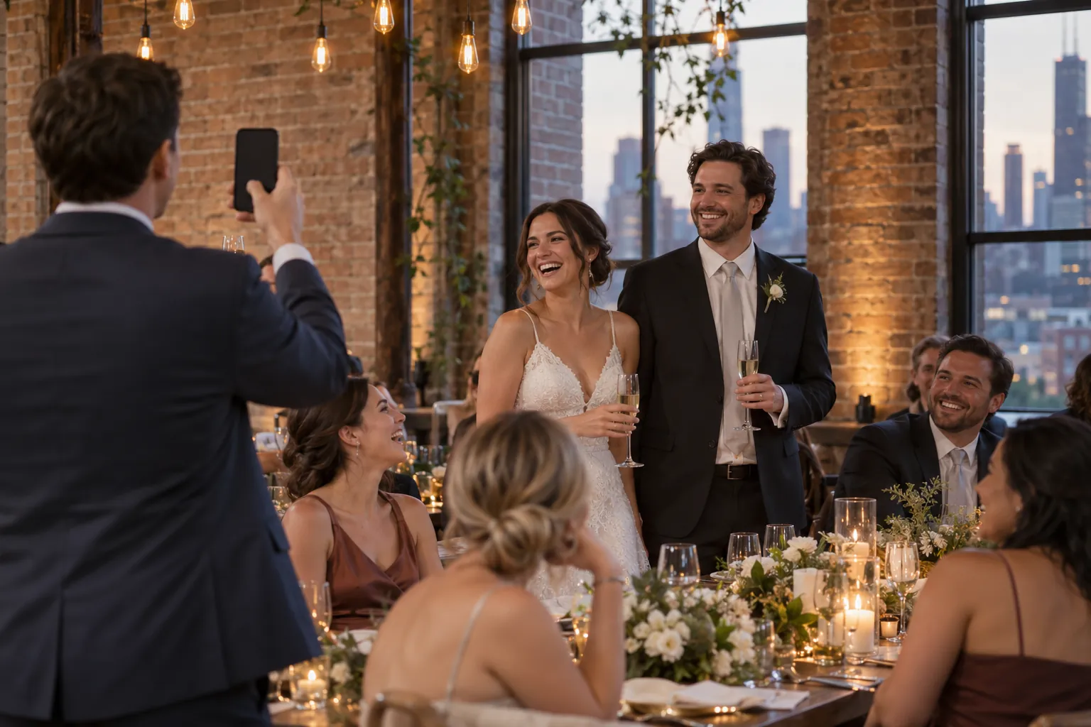 A friend films a toast with his phone at a loft wedding reception with exposed brick