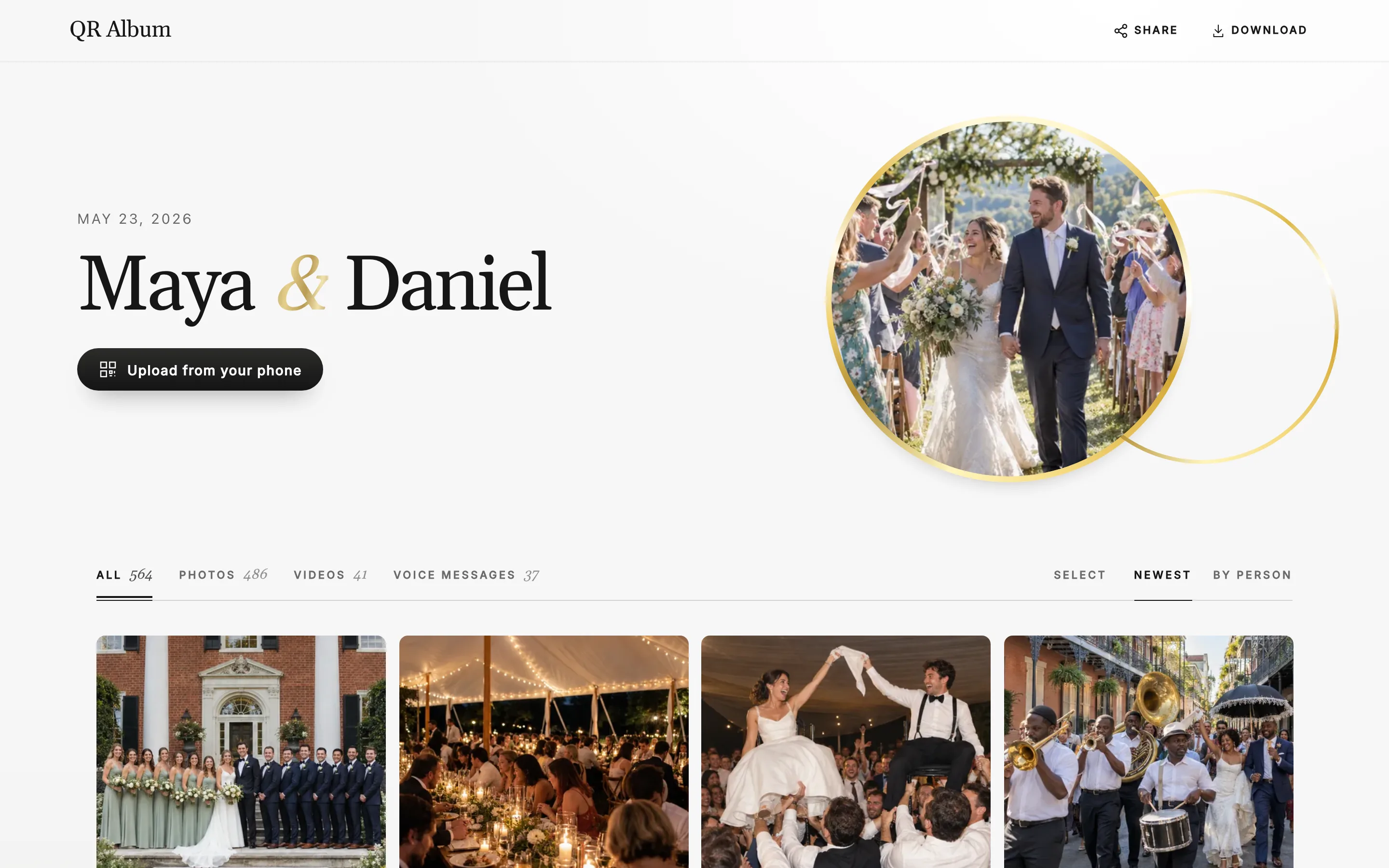Guest album in the Union design on a laptop: Maya & Daniel, with photos, videos and voice messages