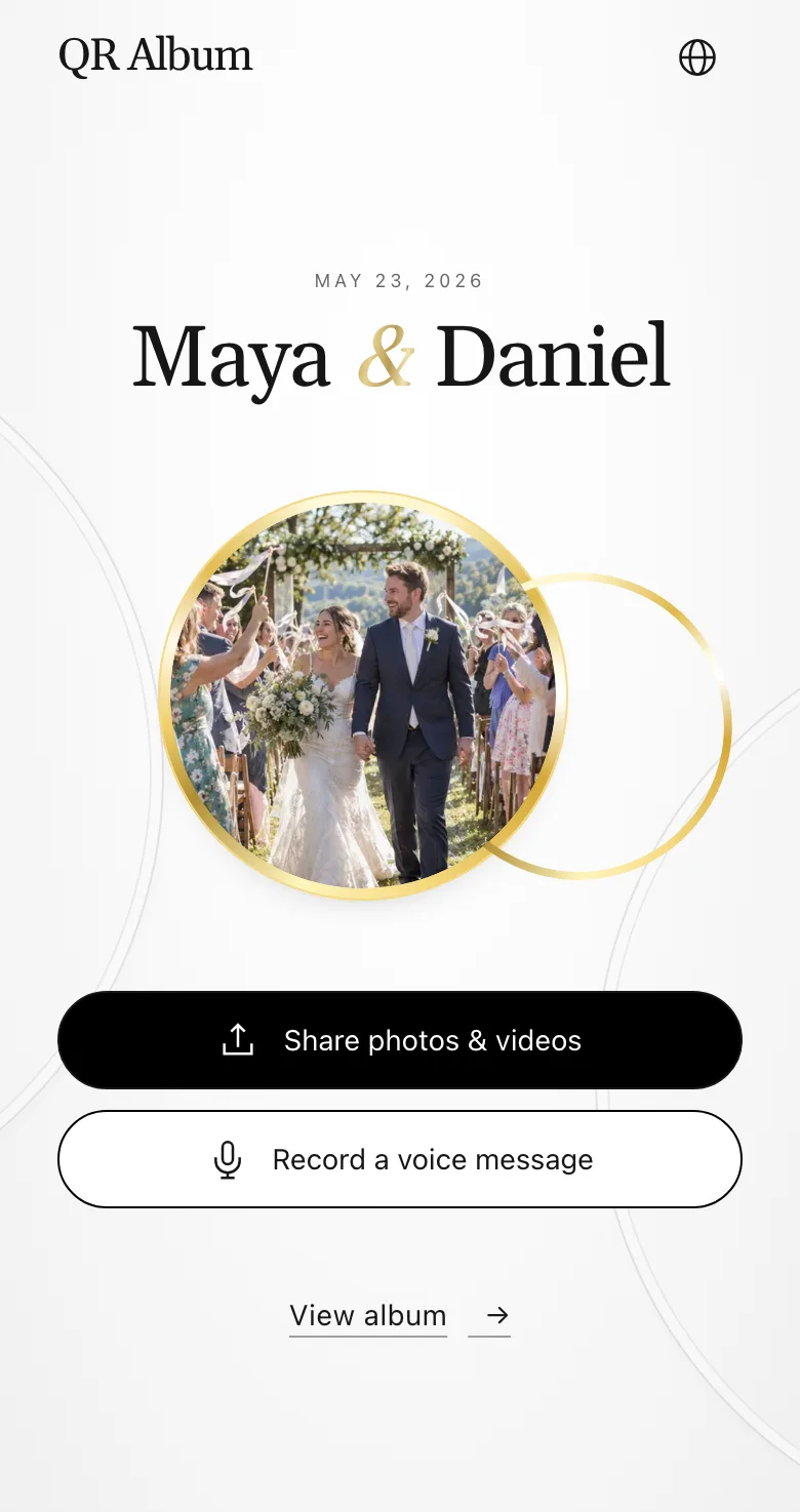 Guest page in the Union design on a phone: share photos and videos or record a voice message