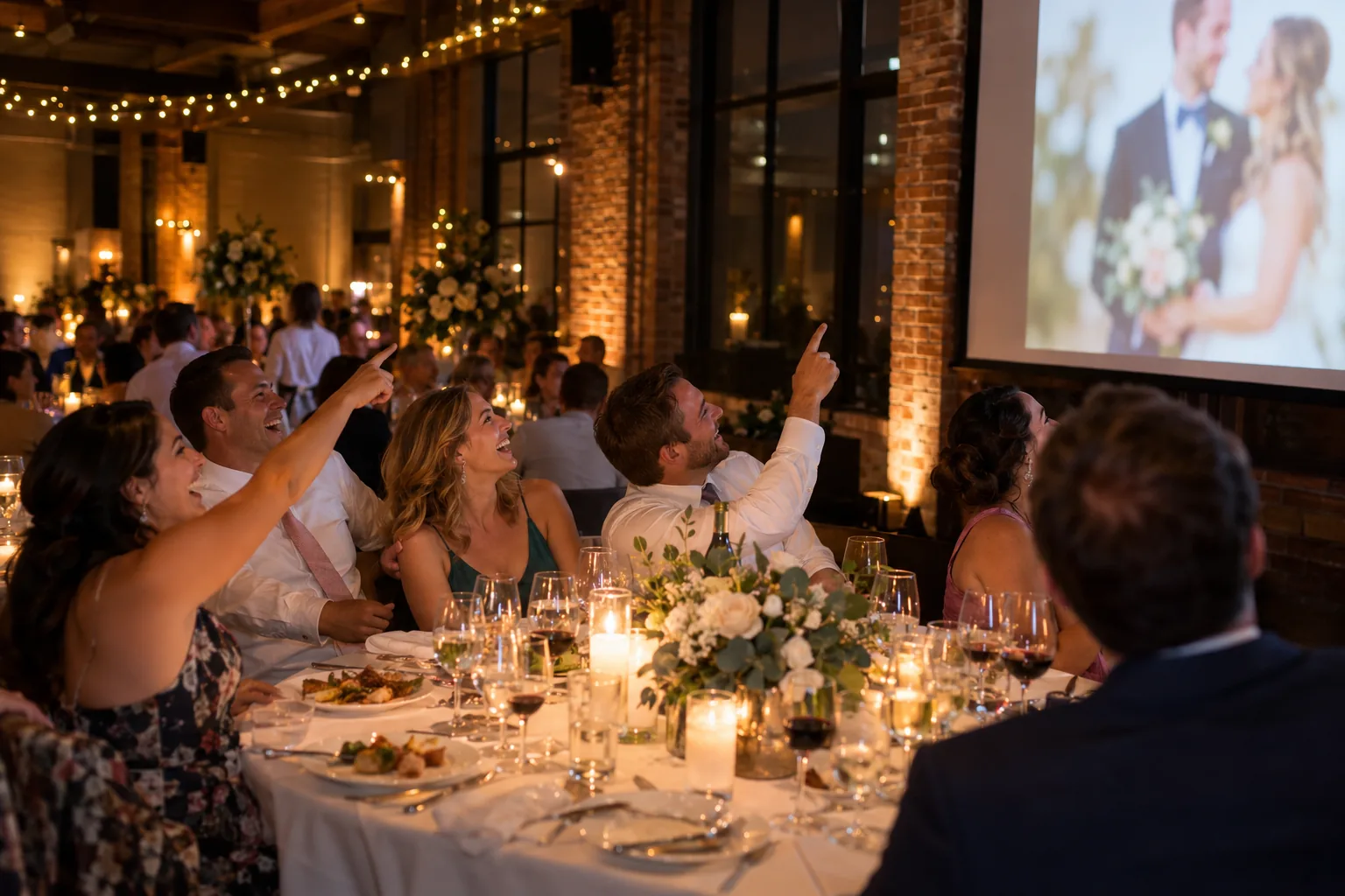 Guests at a reception table laugh and point toward a projector screen showing a wedding photo