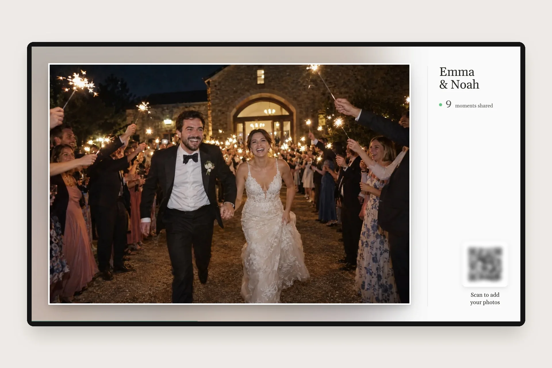 QR Album live wall in slideshow layout showing a sparkler send-off, next to the couple's names, a moments counter and a QR code