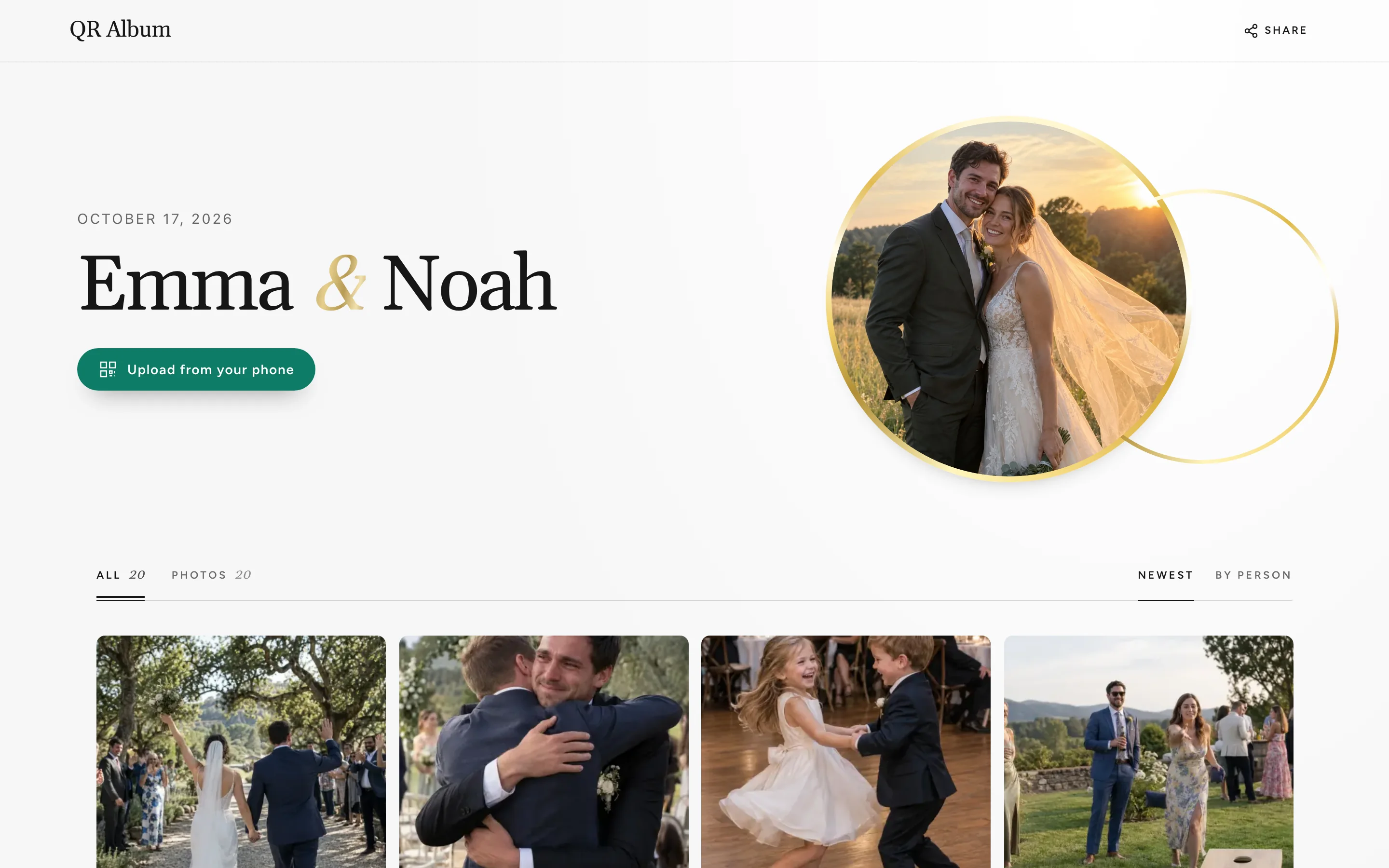 Guest album in the Union design on a laptop, with the couple's photo in a gold ring above the guests' photos