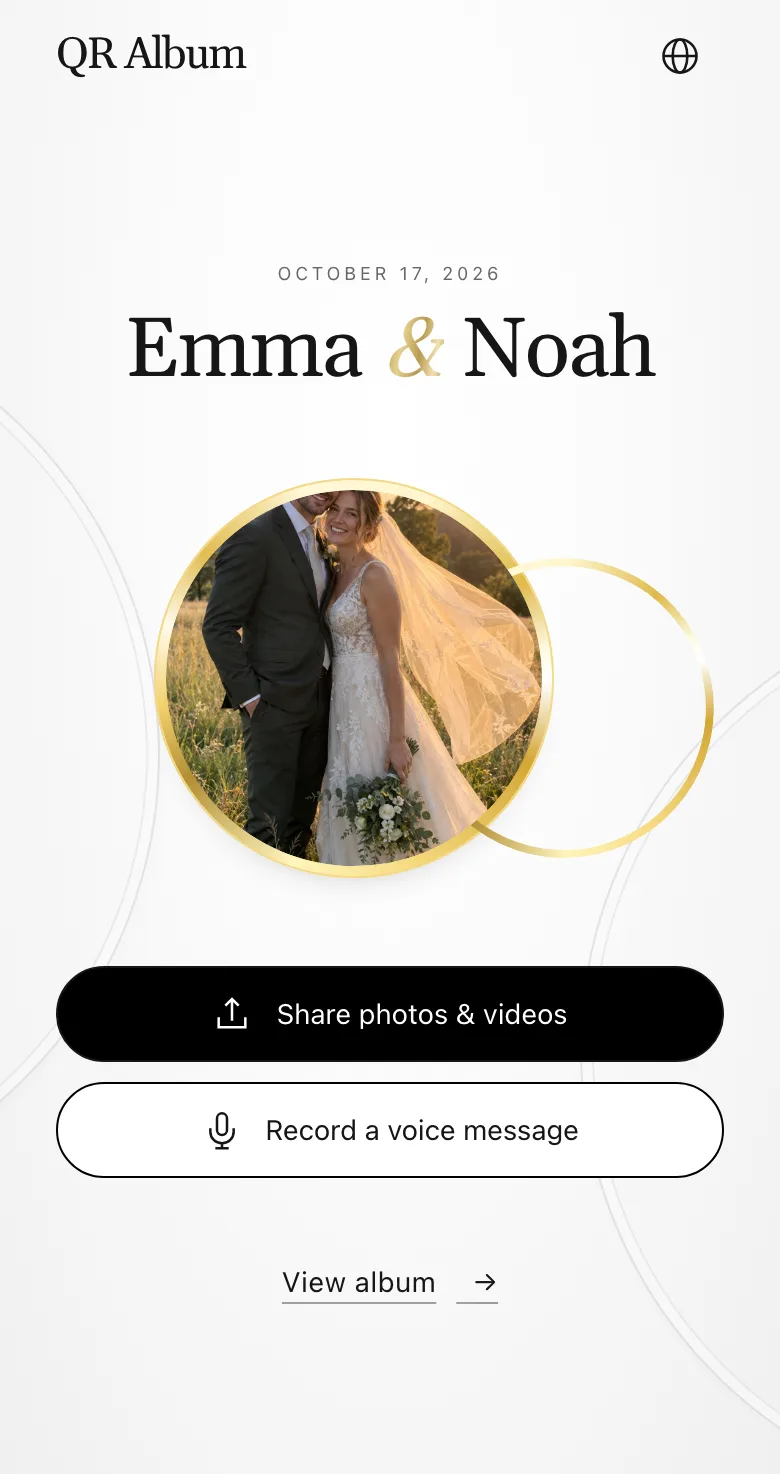 Guest page in the Union design on a phone, with buttons to share photos and videos or record a voice message