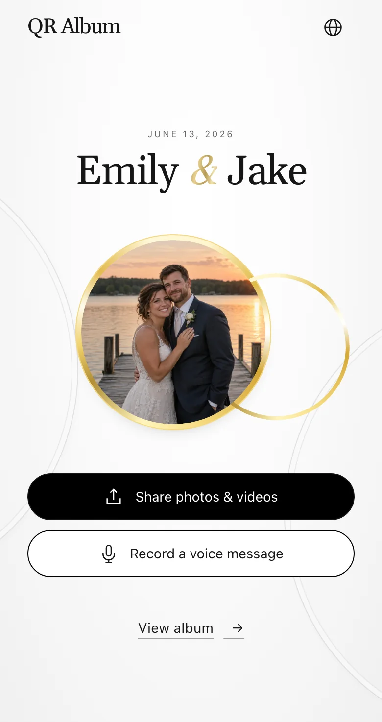 Guest page in the Union design on a phone, with a “Share photos & videos” button