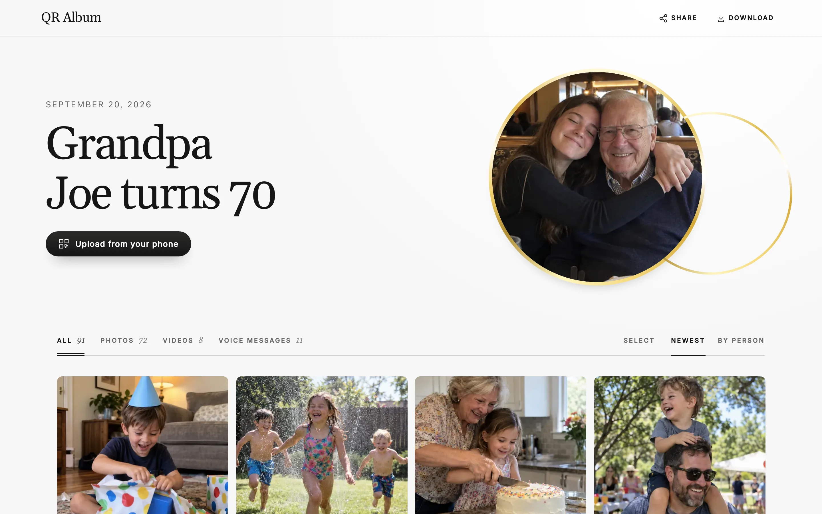 Birthday album “Grandpa Joe turns 70” in the Union design on a laptop