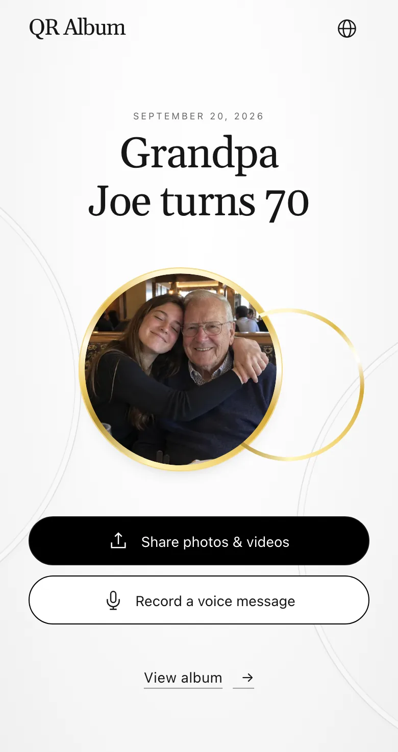 Guest page “Grandpa Joe turns 70” in the Union design on a phone
