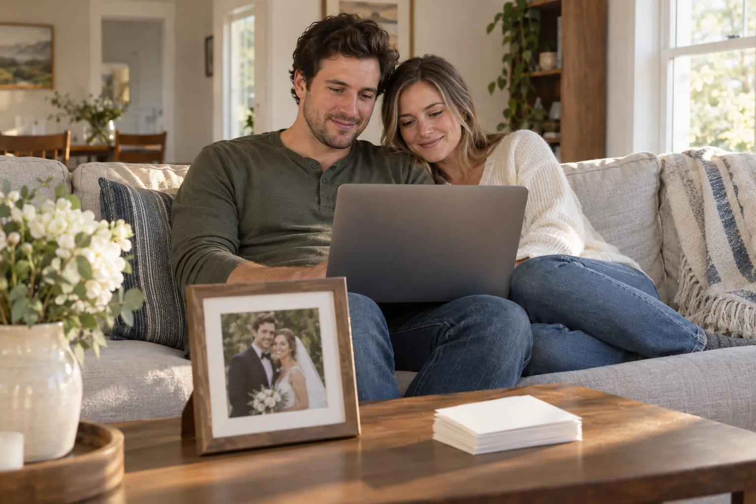 A newlywed couple on a sofa at home looking at a laptop together, a framed wedding photo on the coffee table