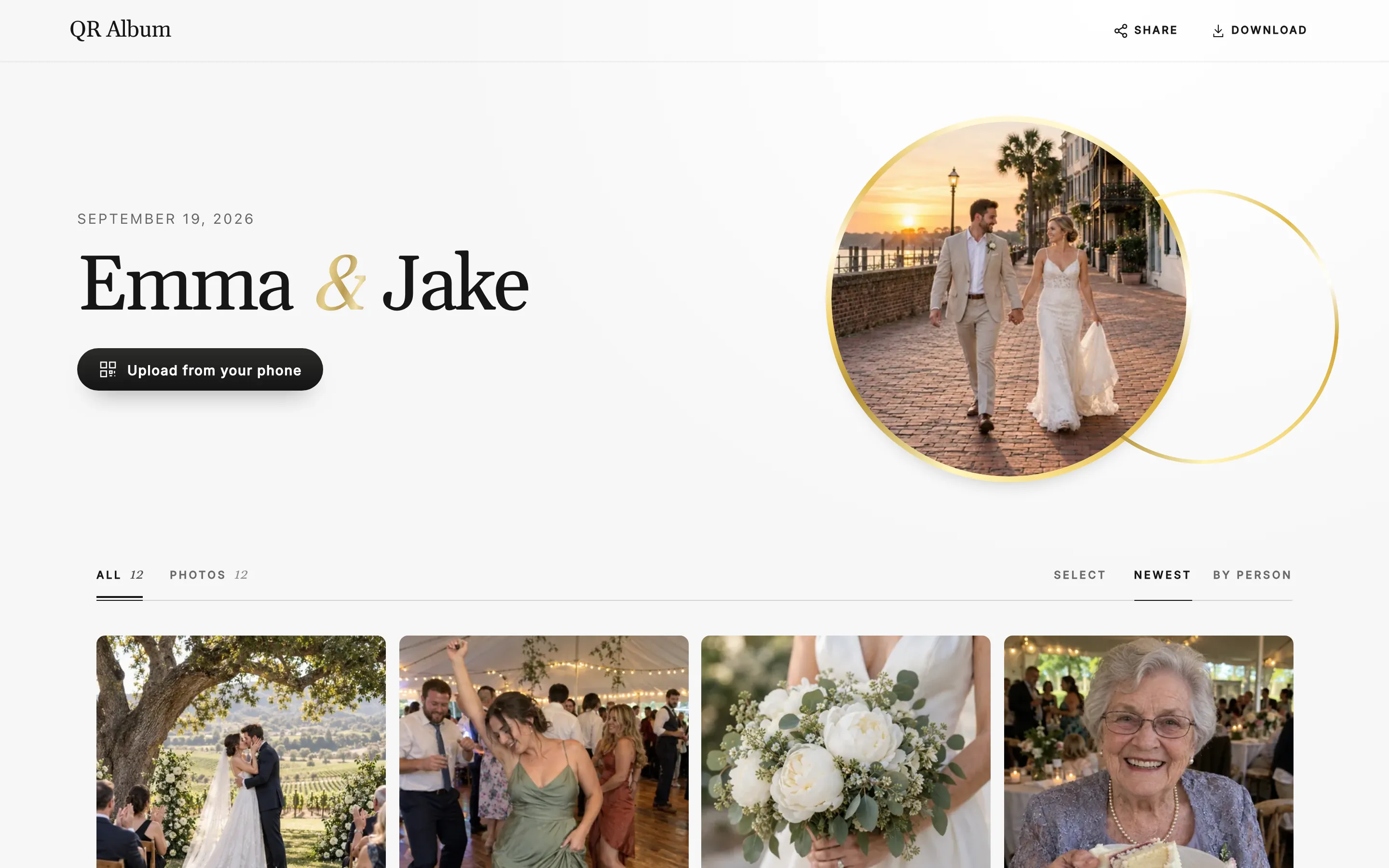 QR Album wedding album on a laptop: Emma & Jake, with the photographer's and the guests' photos together