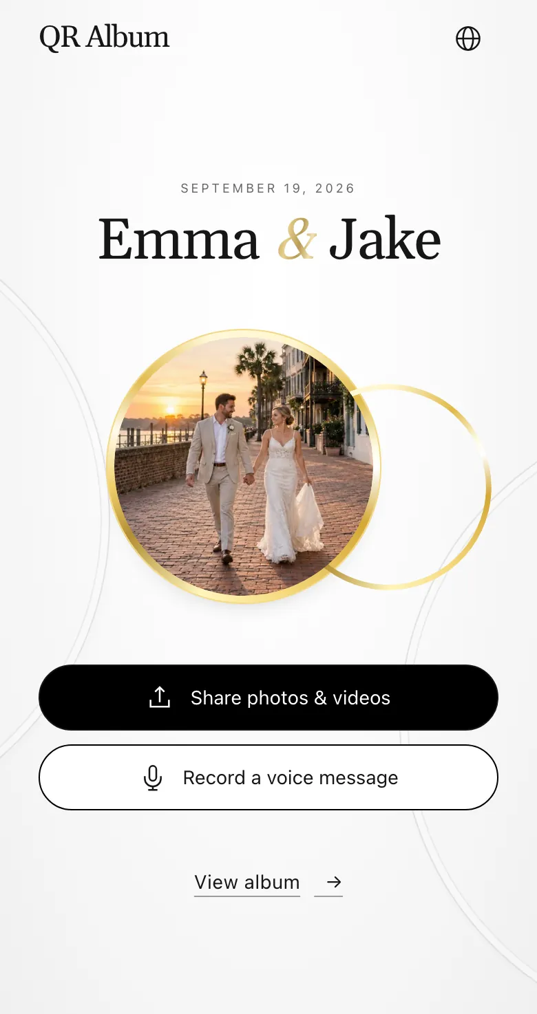 QR Album guest page on a phone: buttons to share photos and videos or record a voice message