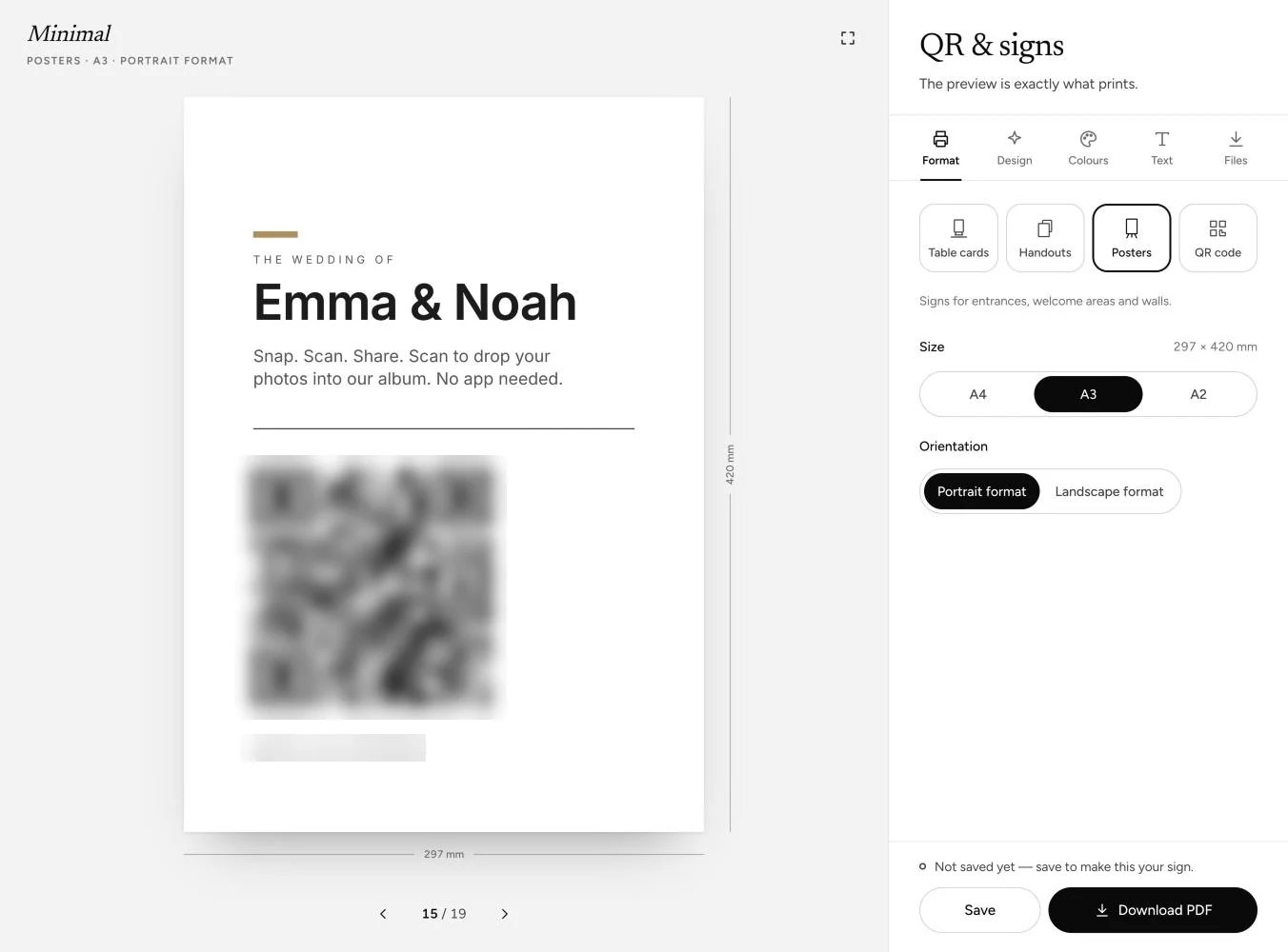 The QR & signs tab in the QR Album dashboard: an A3 poster in the Minimal design with the lines from this guide, next to the Format panel