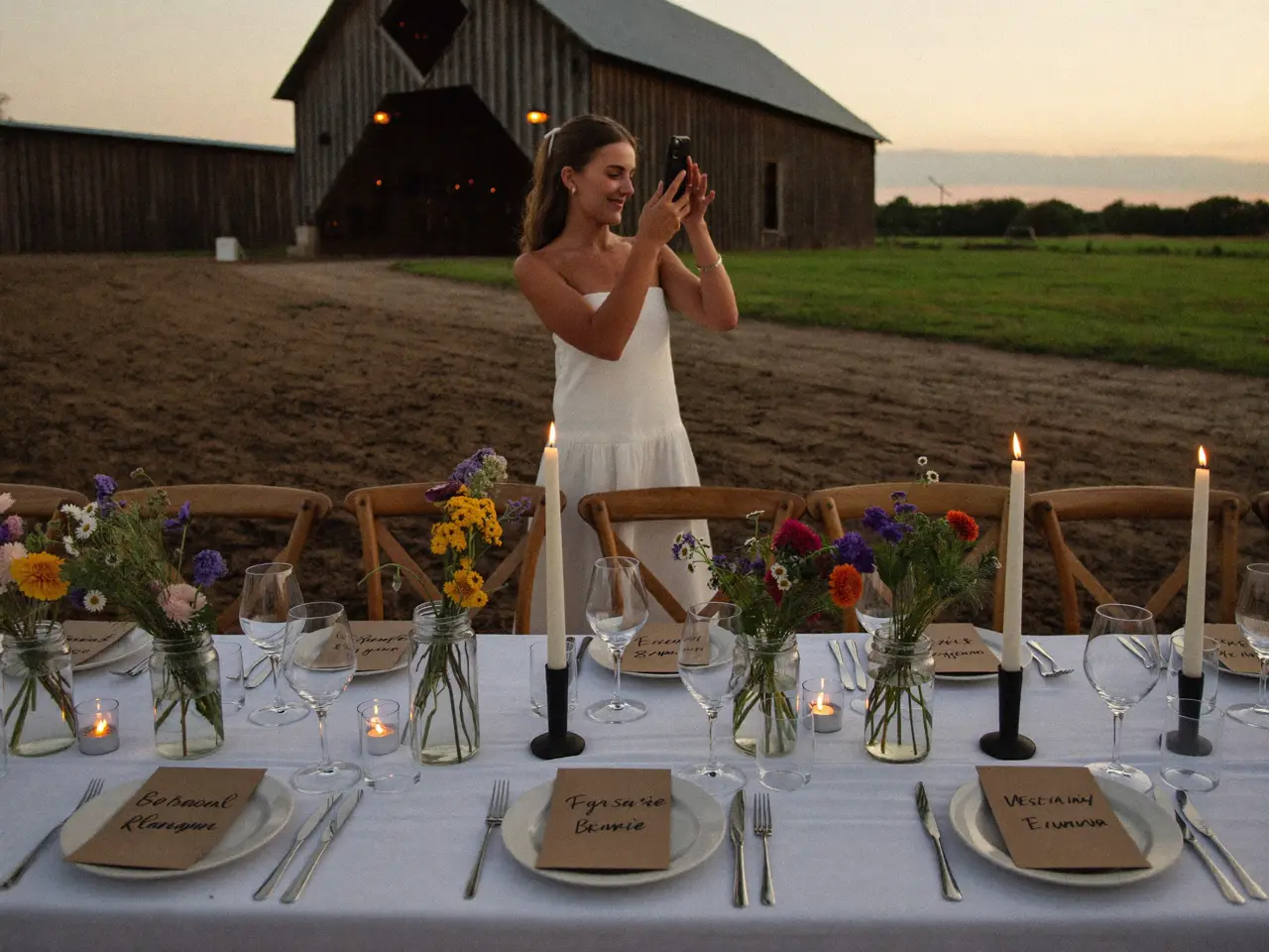 Farm-table decoration at dusk