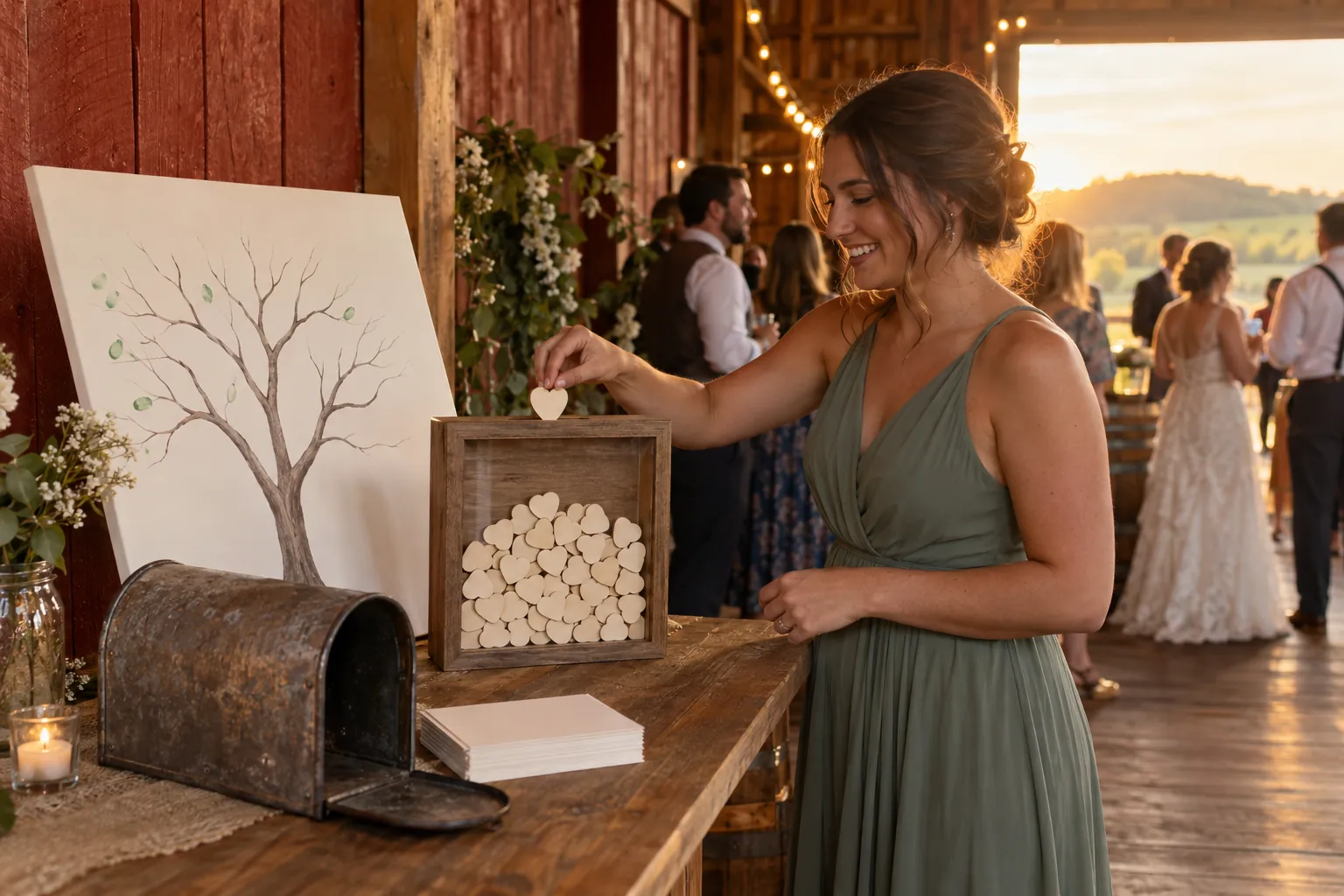 Wedding guest dropping a wooden heart into a drop-top frame beside a fingerprint tree canvas and a vintage mailbox in a barn