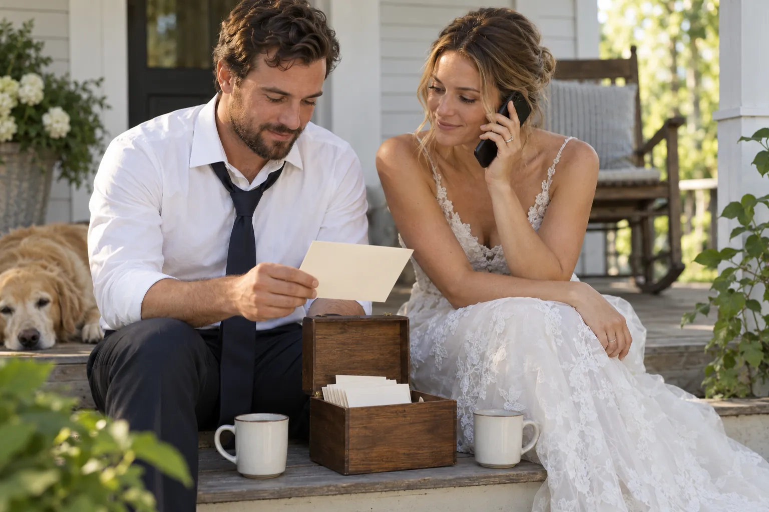 The morning after the wedding, a couple reads cards from a keepsake box on farmhouse porch steps while the bride listens to a phone message