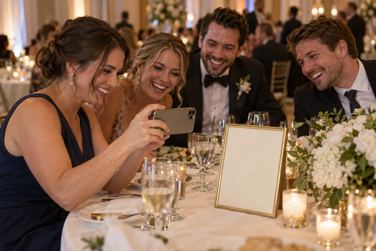 Wedding reception guests at a round table, one guest pointing a phone at a small table sign