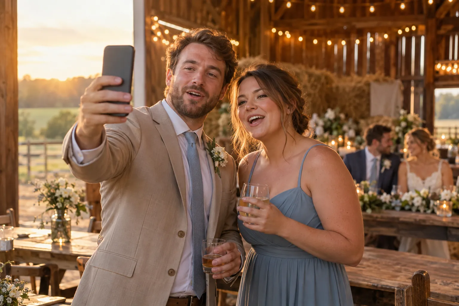 A groomsman and a bridesmaid record a video toast on a phone at a barn wedding