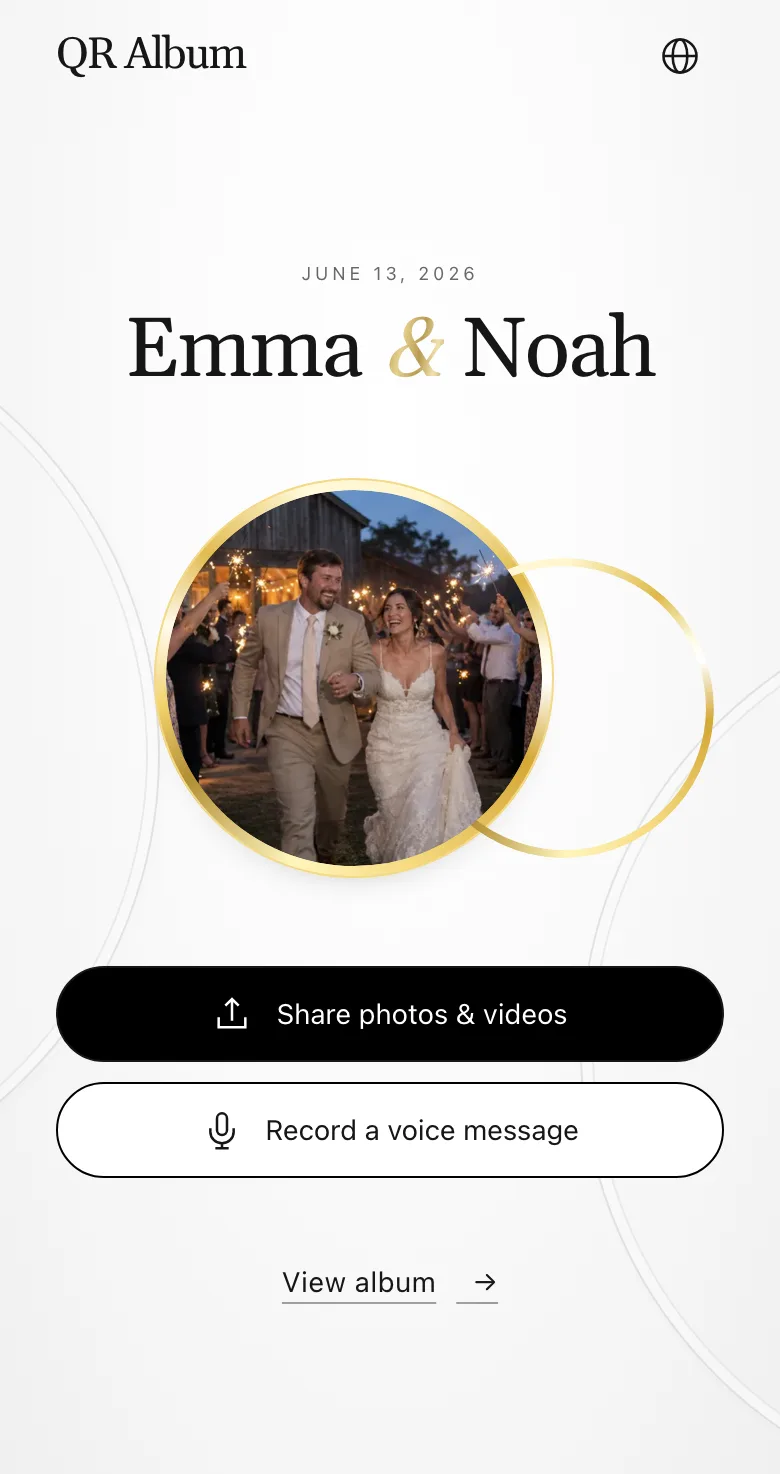 Guest page in the Union design on a phone with the “Share photos & videos” button