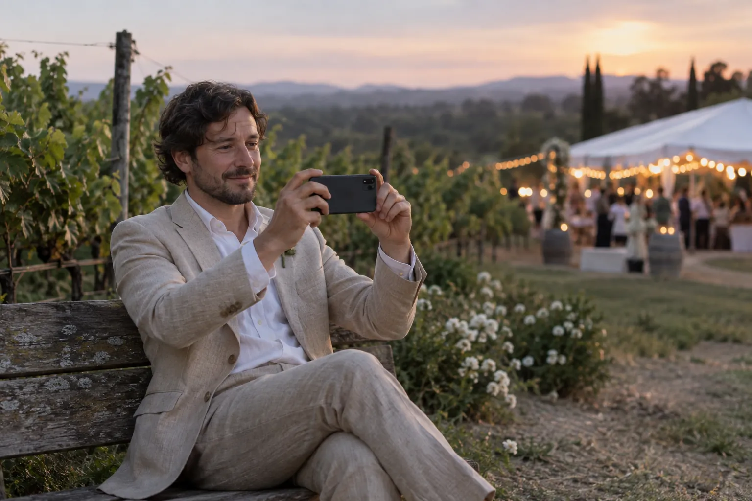 A wedding guest sits on a bench at the edge of a vineyard and records a calm video message