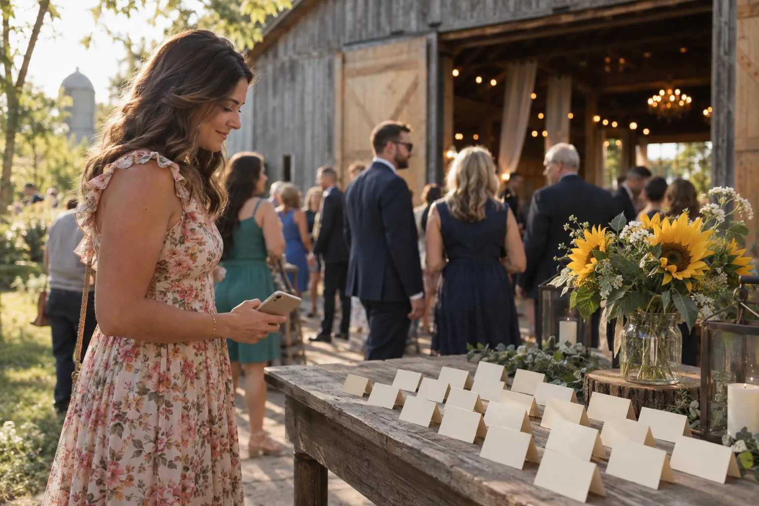 A welcome table at a big barn wedding with stacks of table cards and a guest holding her phone
