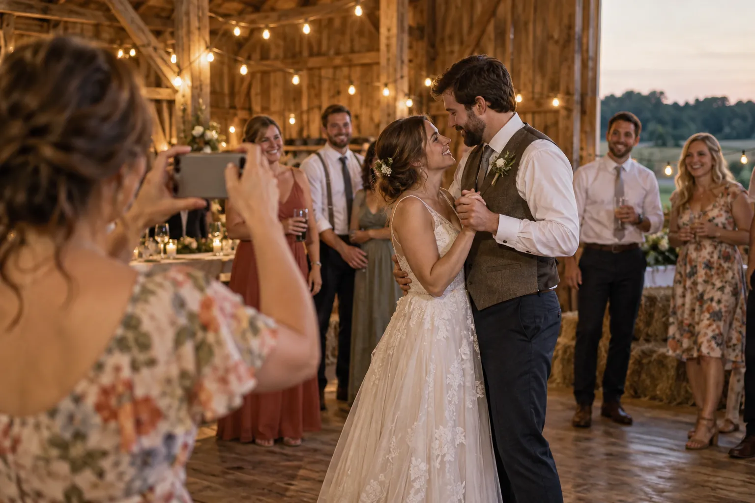 A guest at a barn wedding takes a photo of the couple dancing under string lights